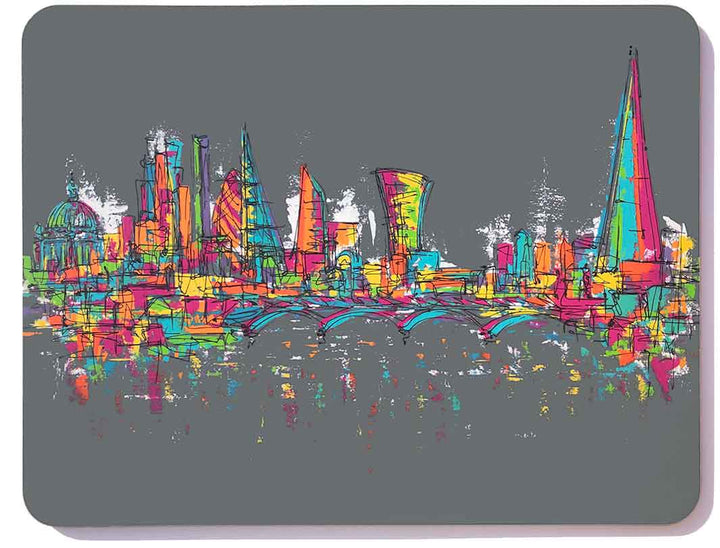 Rectangular melamine chopping board with colourful London skyline on grey background including St Paul's, the Gherkin and Shard by artist Hannah van Bergen