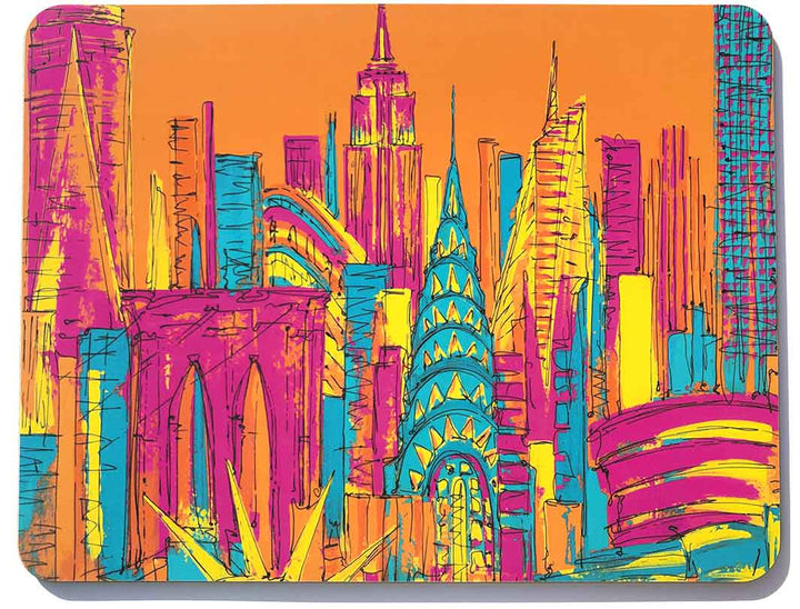 Colourful rectangular melamine chopping board with artwork of New York iconic buildings and skyscrapers on an orange background, by artist Hannah van Bergen