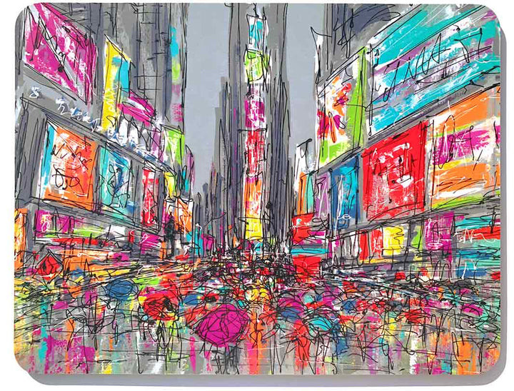 Colourful rectangular melamine chopping board of a rainy day in Times Square with people holding umbrellas by artist Hannah van Bergen