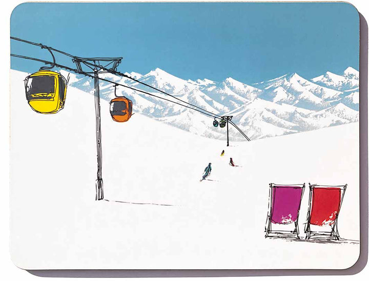 Ski scene melamine chopping board with cable cars, skiers and deckchairs in the snow by artist Hannah van Bergen