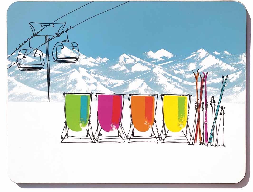 Rectangular melamine chopping board featuring 4 deckchairs in the snow with skis and chair lift by artist Hannah van Bergen