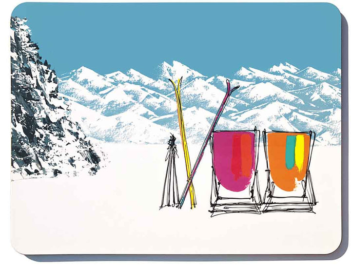 Rectangular melamine chopping board featuring 2 deckchairs in the snow with skis and mountains by artist Hannah van Bergen