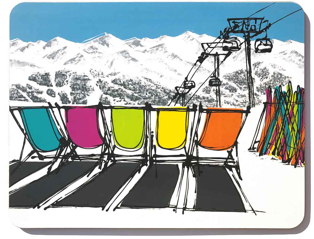 Rectangular melamine chopping board featuring 5 deckchairs in the snow with skis and chair lift by artist Hannah van Bergen