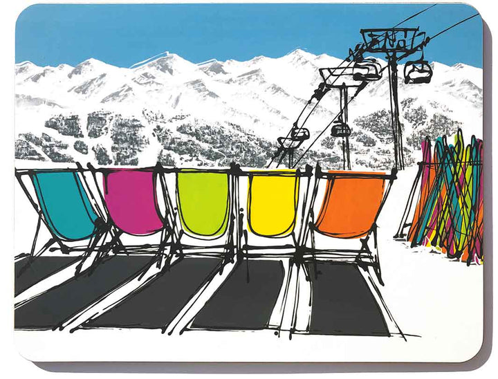 Rectangular melamine chopping board featuring 5 deckchairs in the snow with skis and chair lift by artist Hannah van Bergen