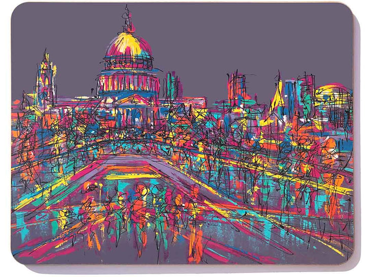 Purple rectangular melamine chopping board looking across Millennium Bridge in London to St Paul's Cathedral by artist Hannah van Bergen
