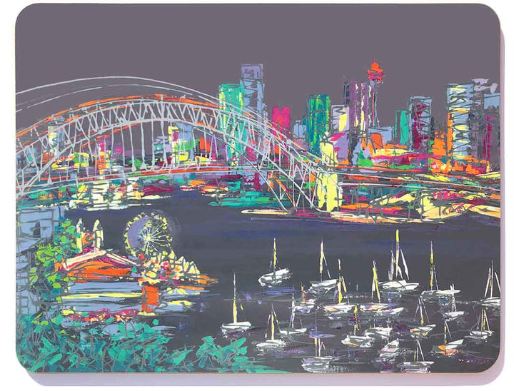 Rectangular melamine chopping board with artwork of Sydney Harbour by artist Hannah van Bergen