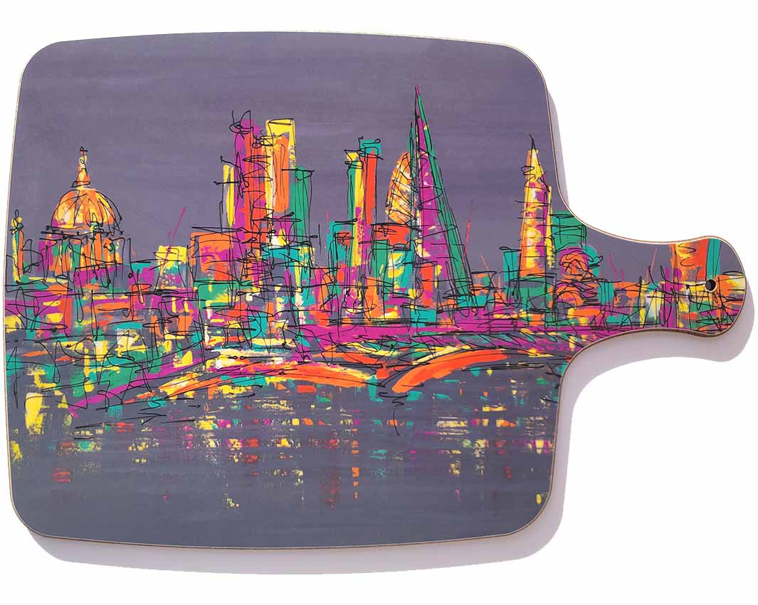 Purple chopping board with handle featuring artwork of London landmarks on the Thames by artist Hannah van Bergen