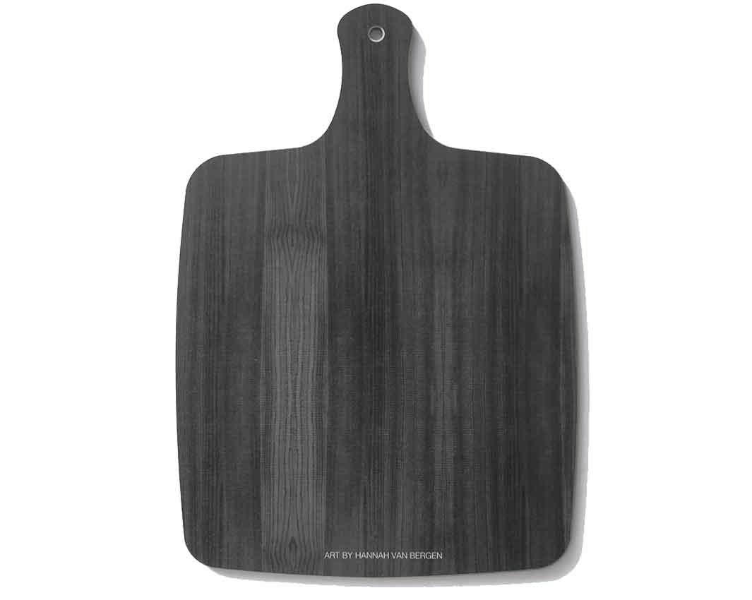 Back of melamine chopping board with handle showing grey woodgrain effect