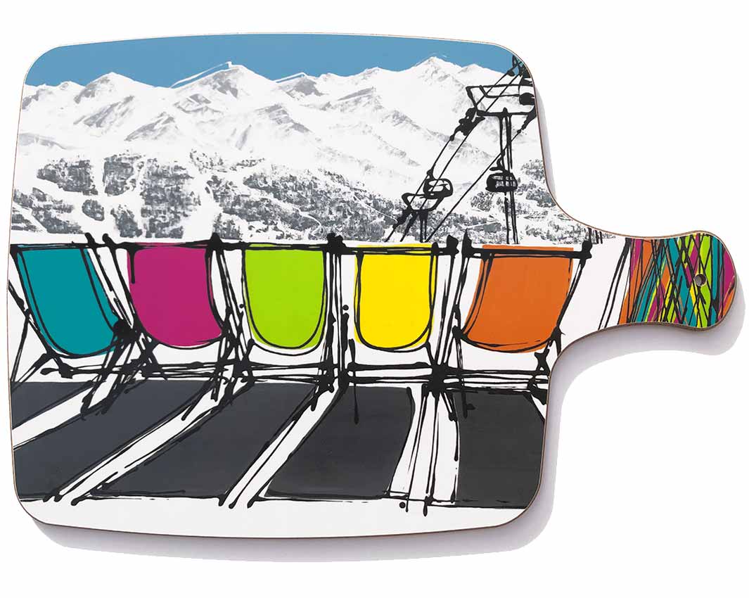 Chopping board with handle featuring 5 deckchairs in the snow with skis and chair lift by artist Hannah van Bergen