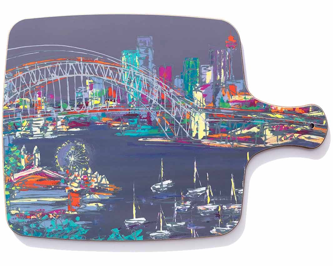 Chopping board with handle featuring artwork of Sydney Harbour by artist Hannah van Bergen