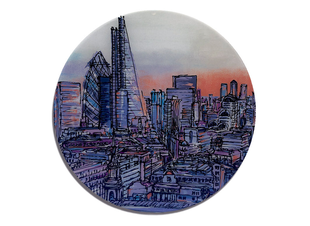 Round glass platter / worktop saver with artwork of The City of London featuring the Gherkin and Cheesegrater by artist Hannah van Bergen